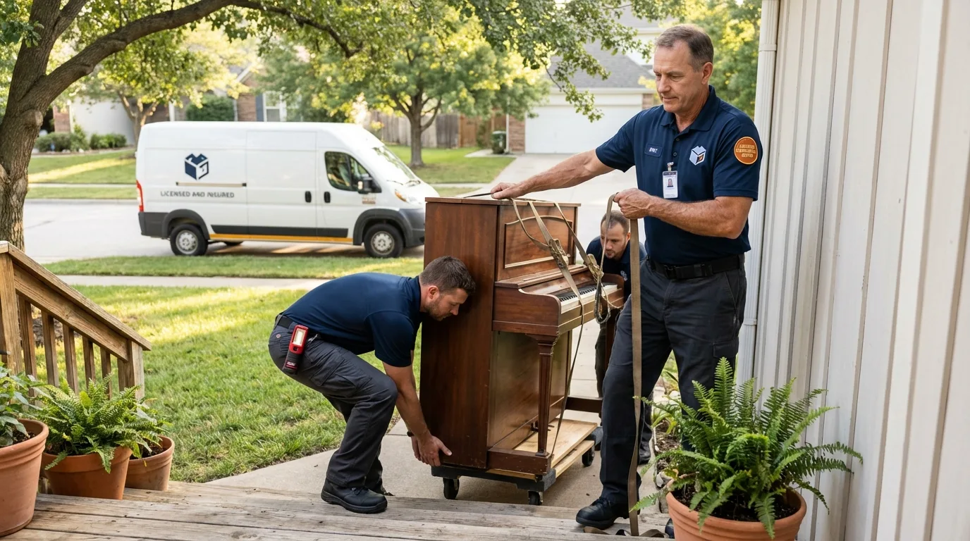 Licensed piano movers securing grand piano in Santa Clara, UT