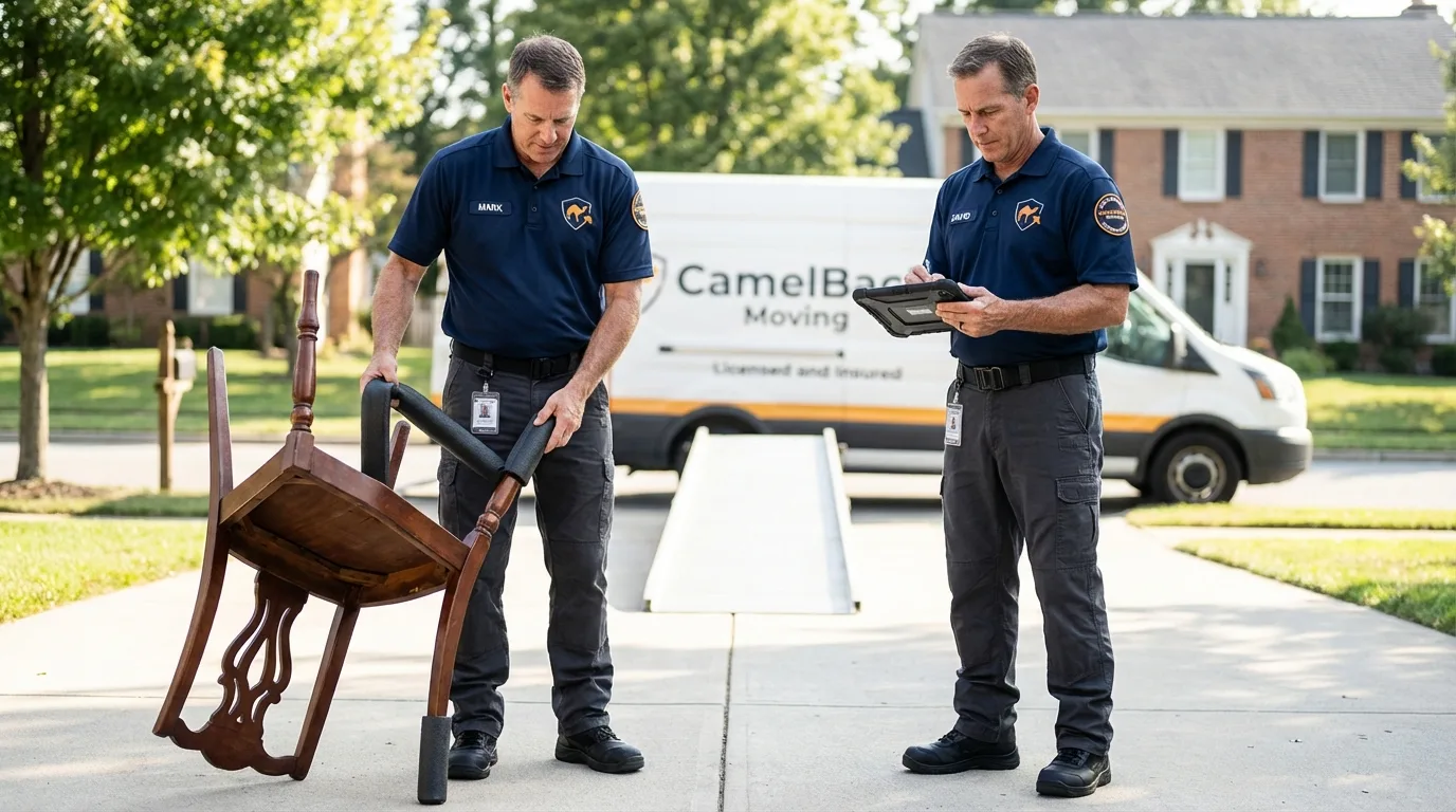 Movers inspecting furniture for damage prevention before loading in Santa Clara, UT