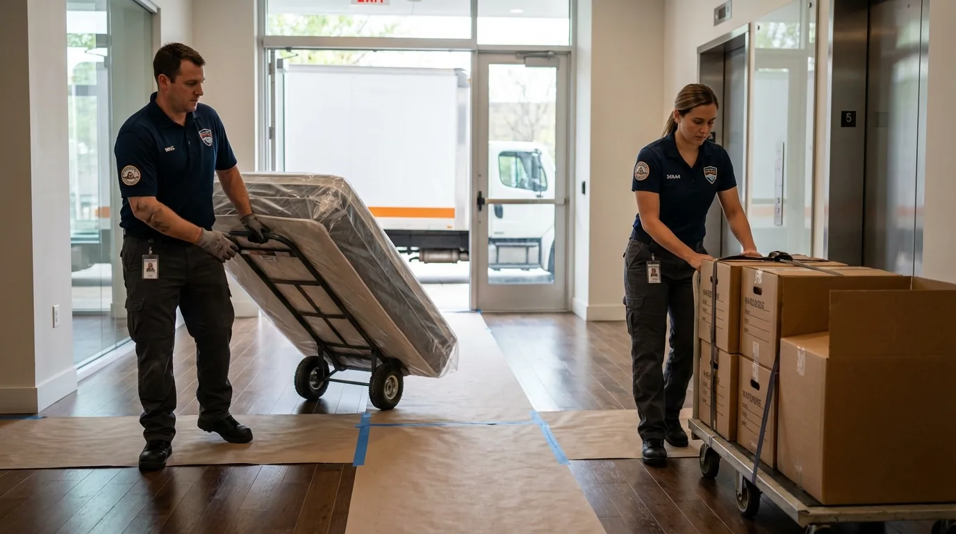 Professional apartment movers loading elevator in Santa Clara, UT
